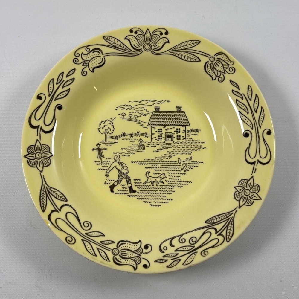 Vintage Bucks County Rim Soup Bowl Yellow Farm Scene Royal Sebring